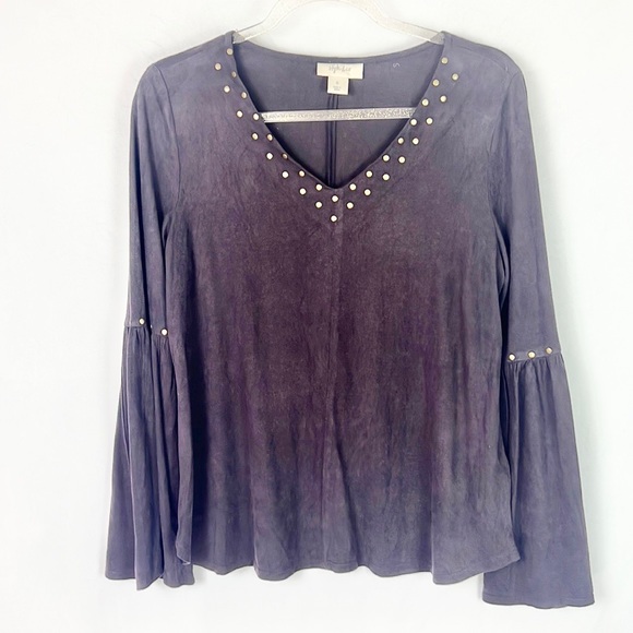 STYLE & CO |💜Dark Raisin Purple Faux Suede Bell Sleeves V-Neck Boho Blouse Top - Picture 2 of 11